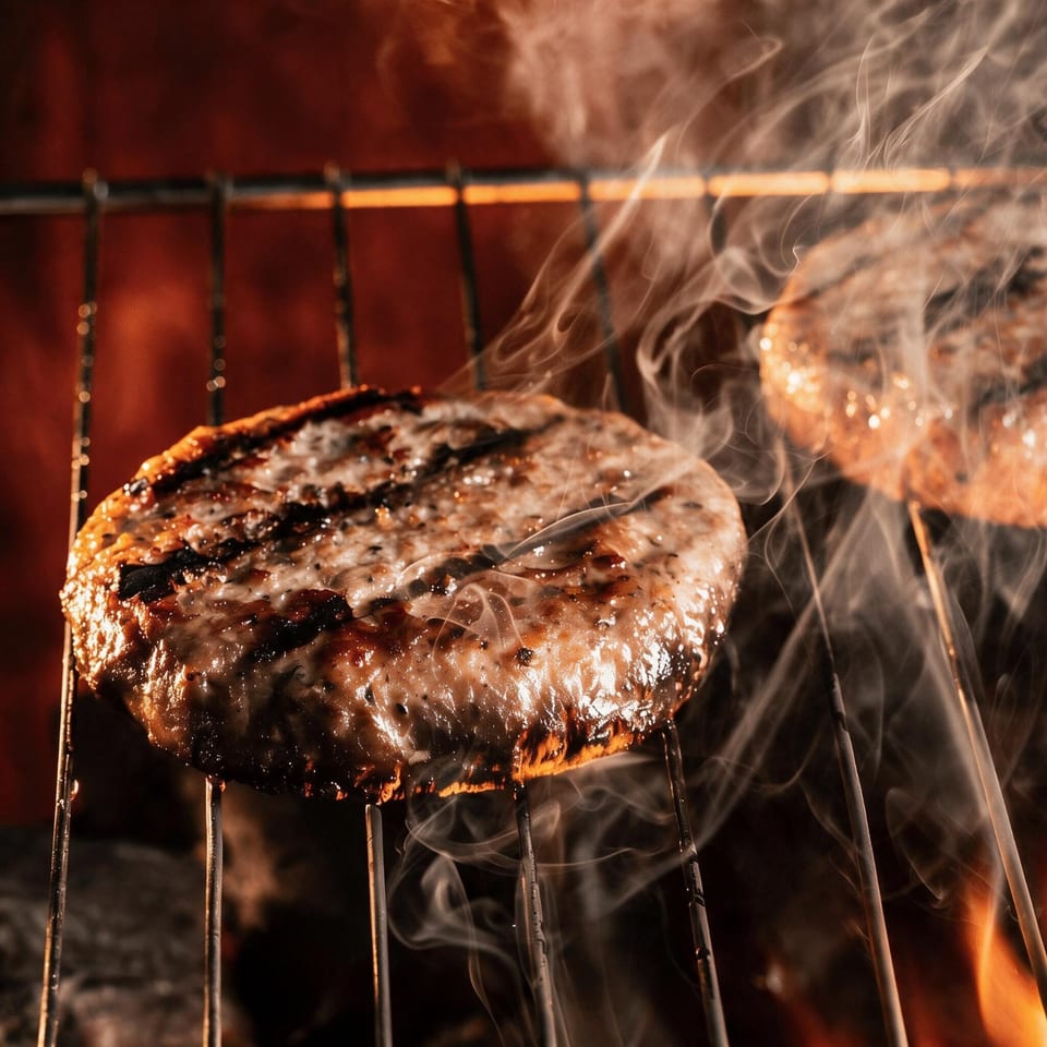 Two sizzling burger patties with grill marks and smoke rising from them over hot coals.