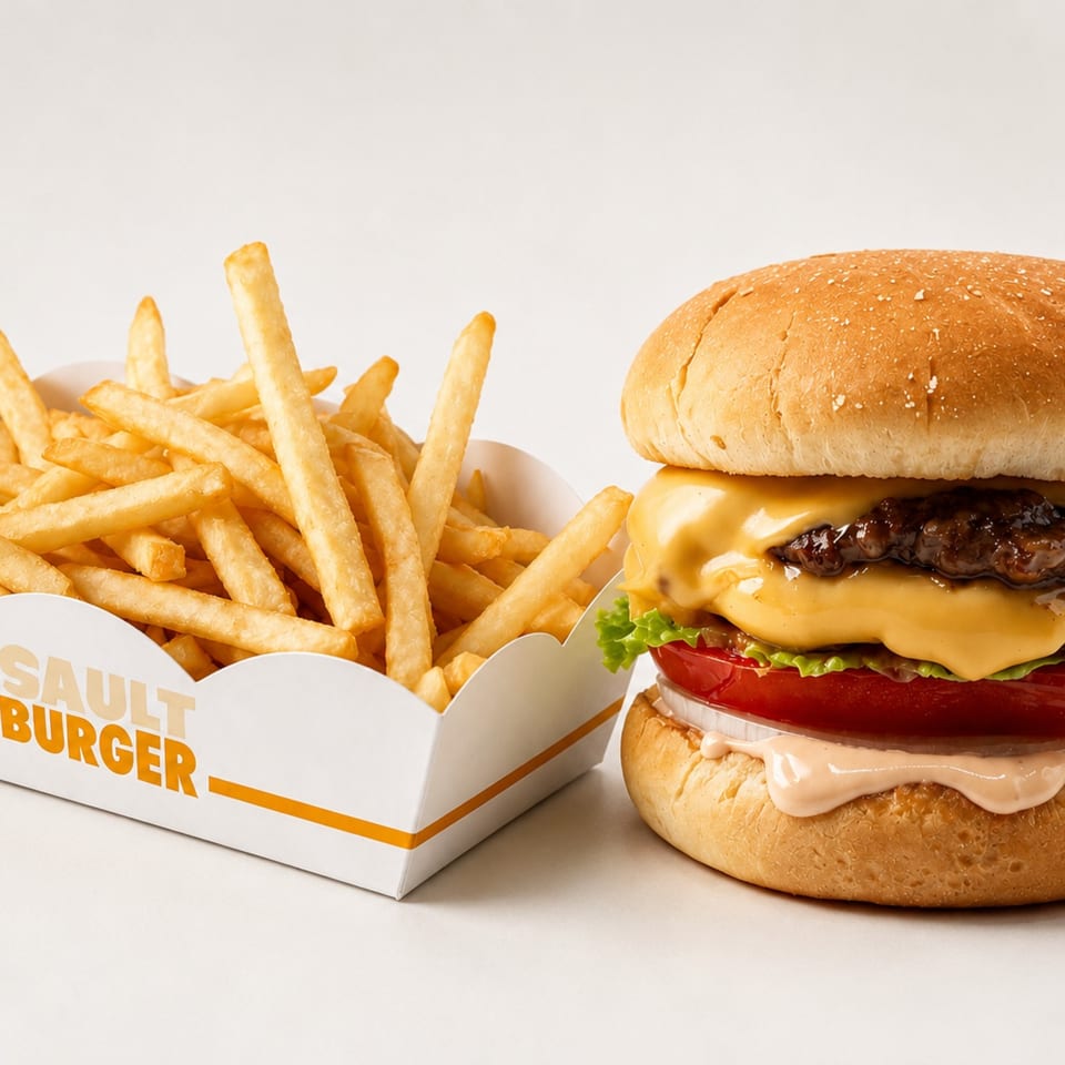 A Sault Burger cheeseburger with fries in a branded box on a white background.