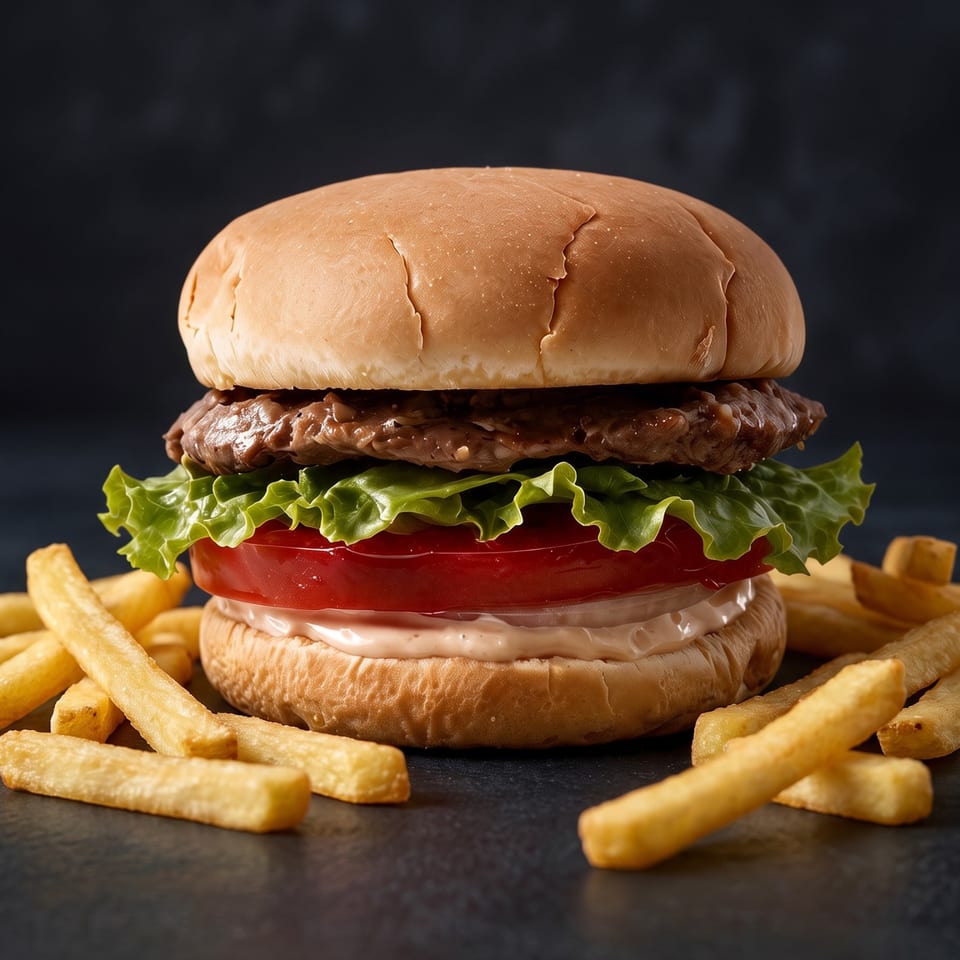 Classic beef burger with lettuce, tomato, and sauce, served with golden french fries.