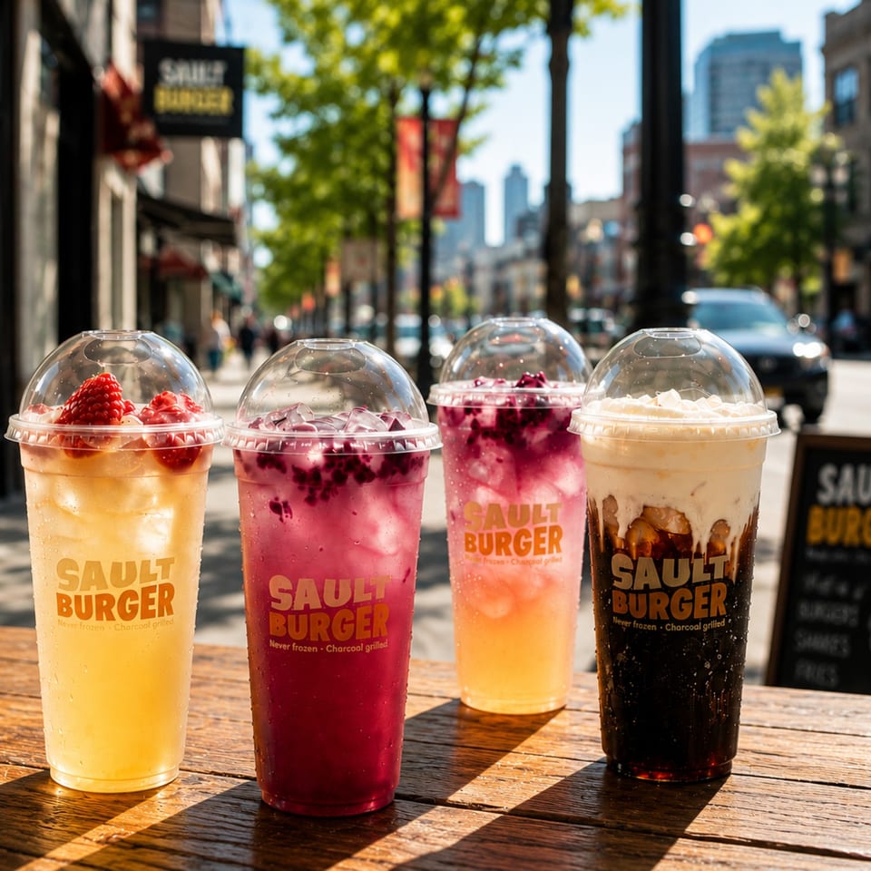 Four Sault Burger drinks, including lemonade, berry, and cream-topped sodas, on an outdoor wooden table.