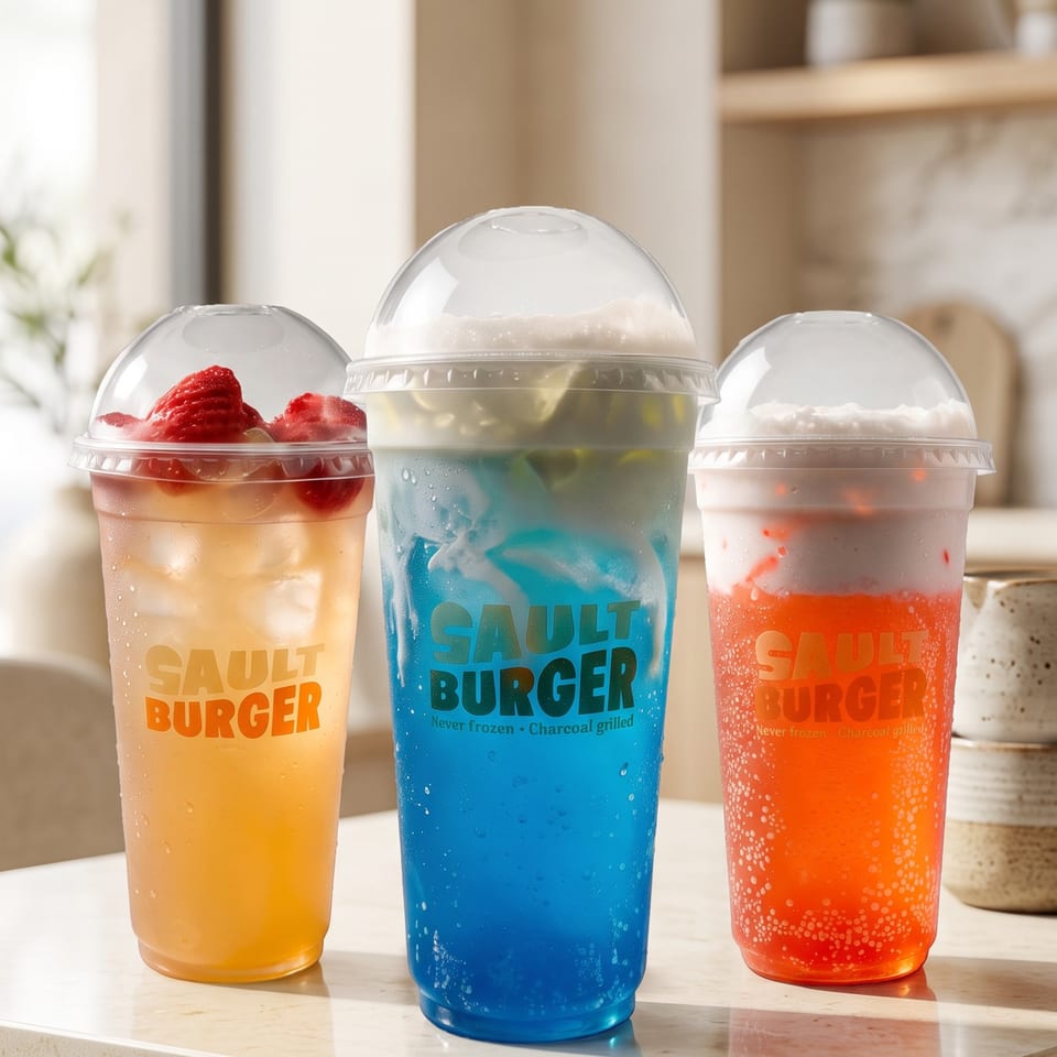 Three Sault Burger drinks: yellow with strawberries, blue with cream, and orange with cream.
