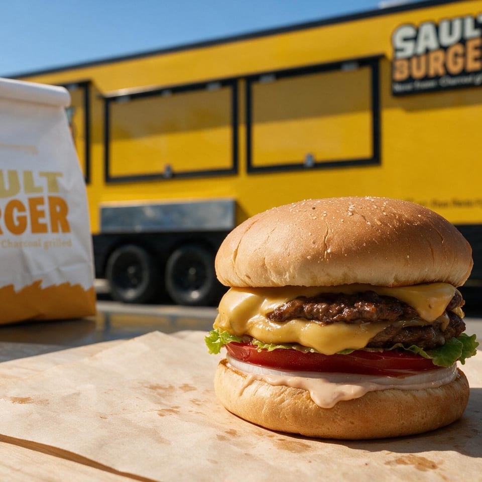 A double cheeseburger with lettuce, tomato, onion, and sauce sits on paper next to a Saul Burger bag and food truck.